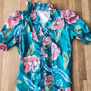 Floral print, ruffled puff sleeve blouse. Medium.